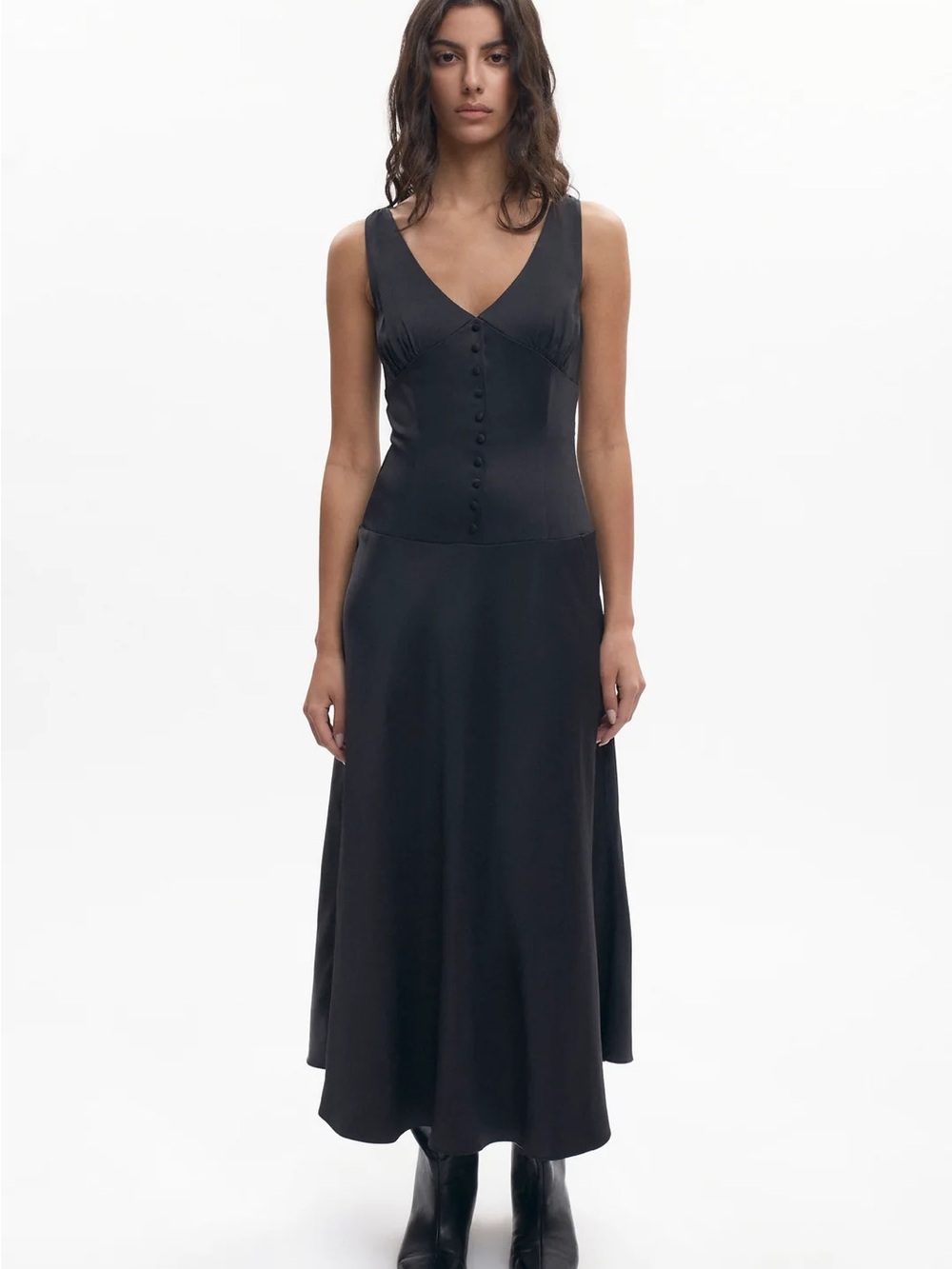 KOTN Black V-Neck Button Midi Dress
